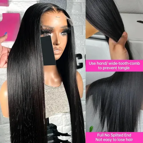 Miniatura 4 de Lemoda Peluca de encaje frontal completo de 13 x 6 pulgadas, pelucas de cabello humano lacio HD transparente de encaje sin pegamento, peluca