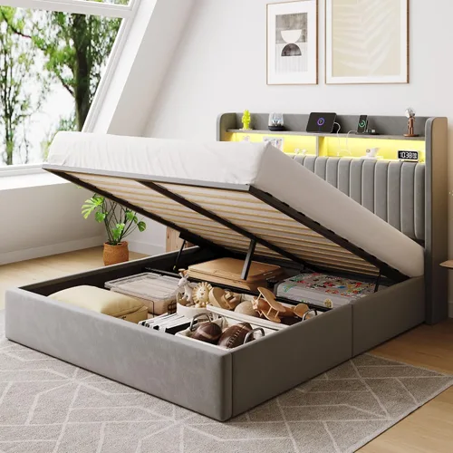 Miniatura 13 de SHA CERLIN - Estructura de cama de tamaño matrimonial con almacenamiento elevado/Luces LED/Estación de carga/Cabecero con estantes de 2 niveles/USB
