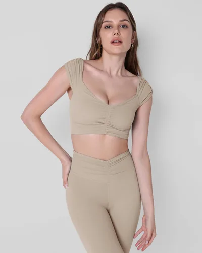 Miniatura 4 de ODODOS Camiseta corta sin mangas con cuello en V y frente fruncido para mujer, recortada en la espalda, manga casquillo