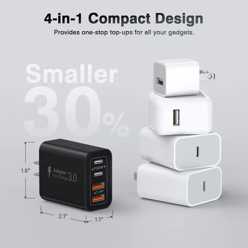 Miniatura 5 de [Paquete de 2/40W] Bloque de cargador de pared USB C de 4 puertos, cubo de carga rápida de ladrillo de alimentación tipo C Power Delivery, enchufe