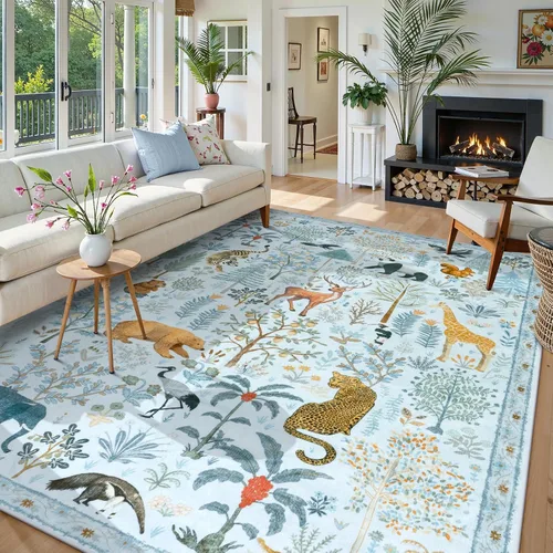Miniatura 12 de OJIA Alfombras azules con estampado de selva de 5 x 7 pies para sala de estar, suaves, ultrafinas, lavables, para dormitorio, alfombra de entrada