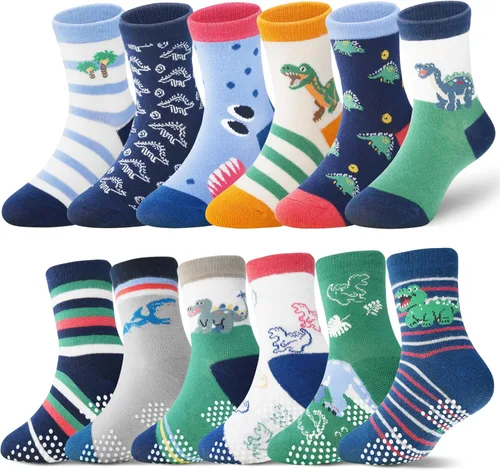 Miniatura 8 de ANTSANG - Calcetines antideslizantes para niños pequeños con agarre, para niños y niñas, diseños divertidos de autos y dinosaurios, 12 pares