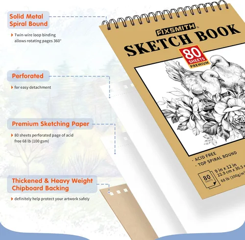 Miniatura 2 de FIXSMITH Cuaderno de bocetos de 9"X12" 80 hojas (68 lb/100gsm) Bloc de bocetos de artista encuadernado en espiral superior Bloc de dibujo sin