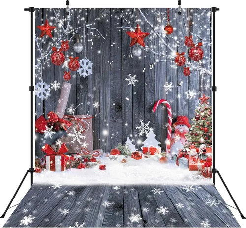 Telón de Fondo Banner de Fotografía de Pared de Madera Navideña de 5 x 7 pies, Fondo de Vacaciones de Invierno con Copos de Nieve y Árbol de