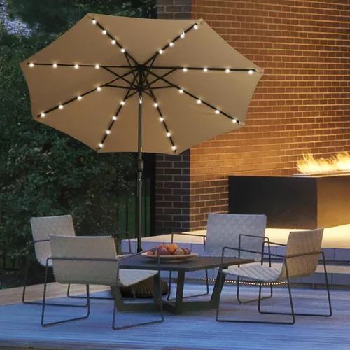 Clihome Sombrilla solar de 9 pies para patio, 32 luces LED, sombrilla solar para patio al aire libre con botón de inclinación y manivela para patio,