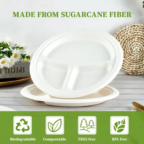Miniatura 2 de ECOLipak Paquete de 150 platos compostables de 3 compartimentos, platos de papel biodegradables desechables de alta resistencia, platos divididos