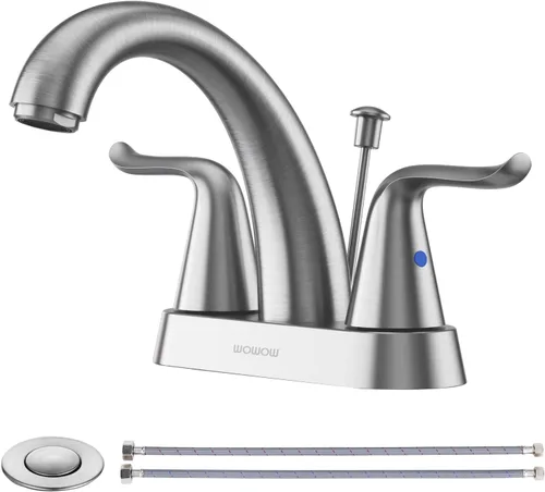 WOWOW Grifo de Baño de 2 Manijas de 4 Pulgadas Centerset para Lavabo de Baño, Grifo Mezclador de Lavabo Sin Plomo con Tapón de Drenaje de Varilla A.