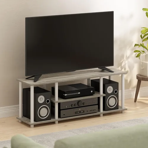 Miniatura 3 de Furinno Turn-N-Tube - Soporte para televisor de 3 niveles, 3D, sin herramientas, para televisores de hasta 50 pulgadas, con tubos redondos