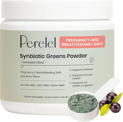 Perelel Synbiotic Greens - Mezcla de superalimentos con frutas, verduras, probióticos, fibra, espirulina y clorella, suplemento de verduras diarias,