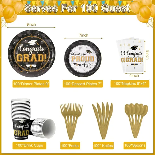 Miniatura 2 de Suministros para fiesta de graduación, juego de platos y servilletas de graduación de felicitaciones, vajilla desechable, platos de papel