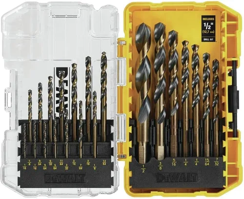 DEWALT Juego de brocas, 21 brocas DEWALT de acero de alta velocidad, revestimiento de óxido negro y dorado, punto dividido de 135 grados, hélice de