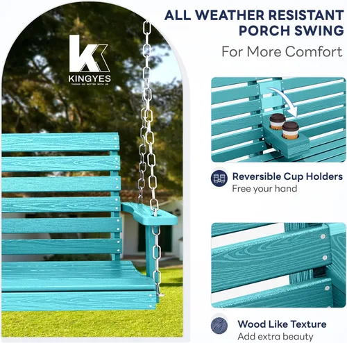 Miniatura 12 de KINGYES Columpio colgante para porche al aire libre, silla de columpio de patio de 2 asientos con portavasos, banco impermeable para patio y jardín