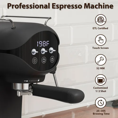 Miniatura 3 de Cafetera Espresso con espumador de leche a vapor semiautomática de 20 bares, diseño compacto en negro con interruptor de palanca para café espresso