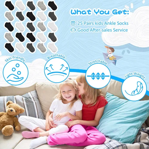 Miniatura 7 de SPTRAMLE Calcetines para niños, 25 pares de calcetines de corte bajo para niños y niñas (0 a 14 años), 25 pares de calcetines de tobillo para niños
