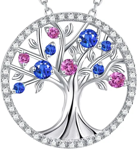 Collar del árbol de la vida para ella, piedras natales de septiembre y octubre, zafiro azul, rosa, turmalina, joyería para mujer, joyería fina de