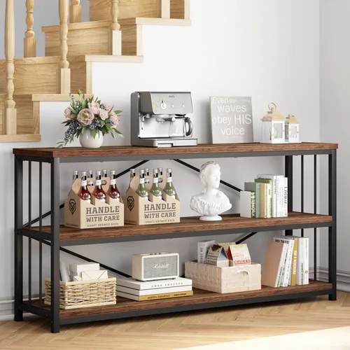 Miniatura 7 de IBF - Librero bajo rústico de 3 niveles, estantería industrial horizontal de madera, estantería larga y ancha de estilo granja de metal, estantería