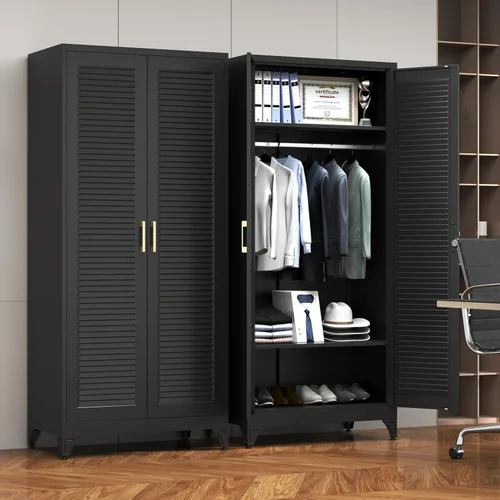 Miniatura 4 de SteeLoong Armario de metal de 71 pulgadas con barra para colgar, armario con puertas y estantes ajustables, armarios de almacenamiento de ropa negra
