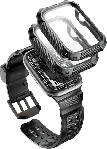 i-Blason Correa deportiva de poliuretano termoplástico transpirable a prueba de golpes para Apple Watch 9, 8, 7 (1.772 in) con 2 fundas rígidas Negro