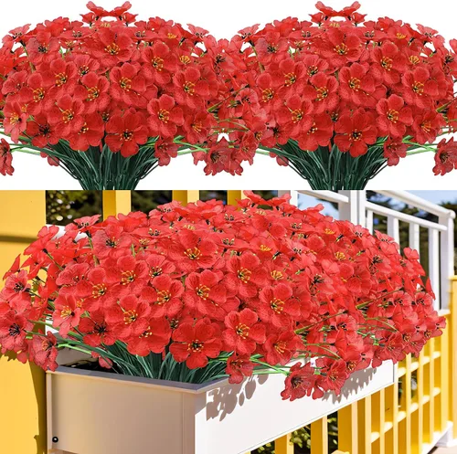 Miniatura 10 de Kinisty 20 paquetes de flores artificiales para exteriores, resistentes a los rayos UV, con flores de seda sintética rosadas y plantas de plástico