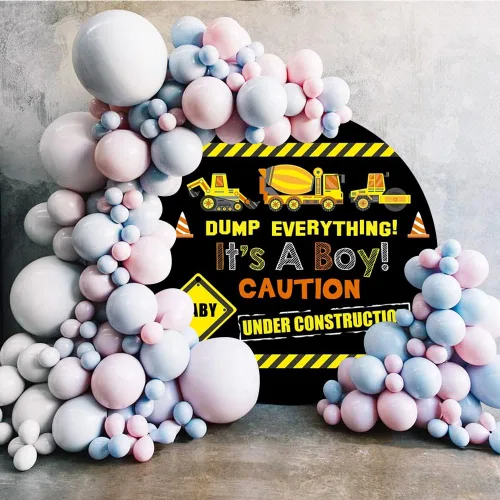 Miniatura 2 de Diámetro de 6 pies de construcción temática de cumpleaños, cubierta redonda de telón de fondo para excavadora grúa constructor camión volquete fondo