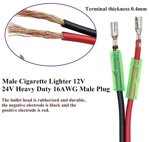 Miniatura 6 de Paquete de 2 adaptadores de enchufe macho de encendedor de cigarrillos de 12 voltios con cable de cables de luz LED y cable de 16 AWG para enchufe