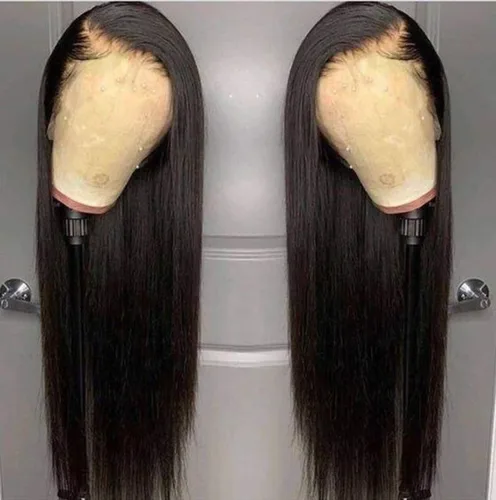 ANDRIA peluca de cabello largo y lacio natural con encaje frontal sin pegamento, cabello sintético y sedoso, peluca con cabello negro de fibra