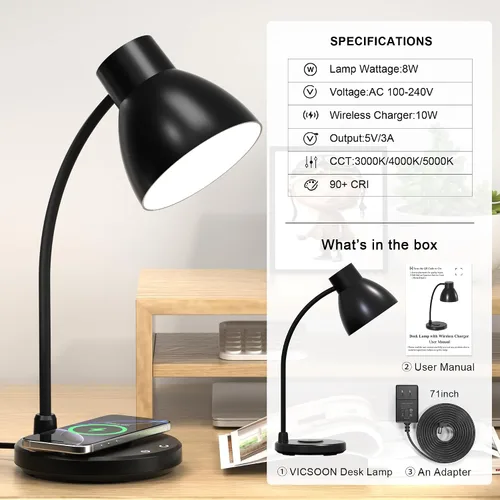 Miniatura 9 de Lámparas de escritorio para oficina en casa – Lámpara de escritorio LED con cargador inalámbrico, 3 modos de color regulables para el cuidado