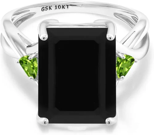 Miniatura 2 de Gem Stone King 7.12 Ct Emerald Cut Black Onyx Green Peridot 10K White Gold 3 Stone Women Ring