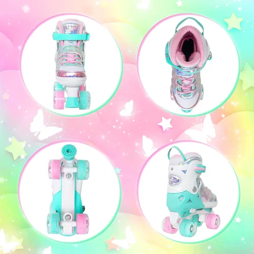 Miniatura 4 de Nattork Patines de Ruedas para Niñas y Niños, Patines Cuádruples de 4 Tamaños Ajustables con Diseño de Mariposa y Flor con Todas las Ruedas Verde