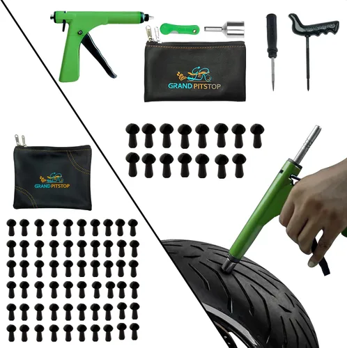GRAND PITSTOP Kit de reparación de pinchazos de neumáticos sin cámara para motocicleta y automóviles con 15 tapones de hongos + paquete de 60