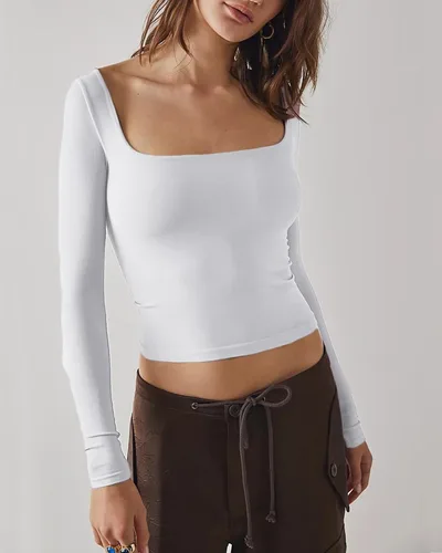 Miniatura 3 de Beumissy Camisas básicas de manga larga con cuello cuadrado para mujer, ajustadas, con doble forro