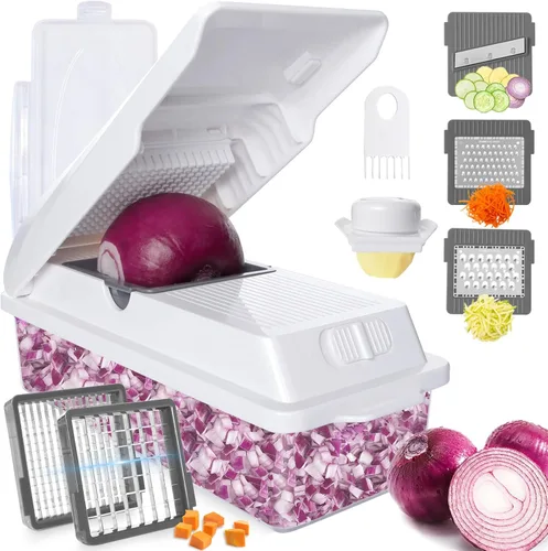 Miniatura 7 de LHS Picador profesional multifuncional de verduras con contenedores de almacenamiento de alimentos, cortador de mandolina, cortador de cebolla, Verde