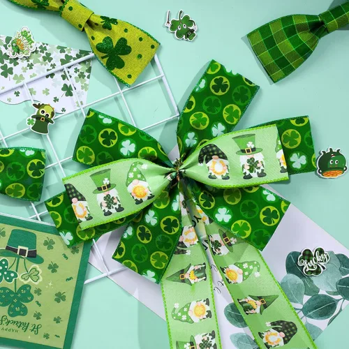Miniatura 4 de Whaline Cinta de borde con alambre del día de San Patricio, trébol verde, gnomo, tela a cuadros, para envolver manualidades irlandesas