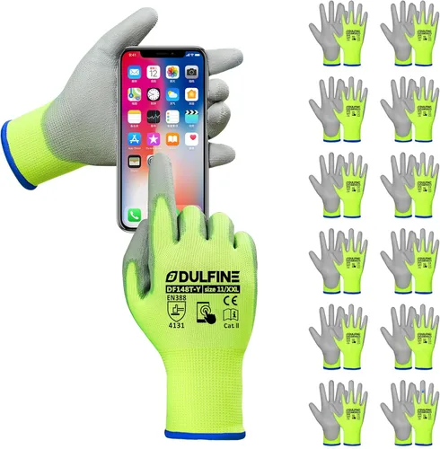Miniatura 13 de DULFINE Guantes de trabajo de seguridad con revestimiento de poliuretano para hombres y mujeres - 12 pares, guante de punto sin costuras negro