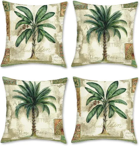 Bonhause Juego de 4 fundas de almohada decorativas de lino y poliéster con palmera tropical de 16 x 16 pulgadas, diseño vintage de hojas verdes para
