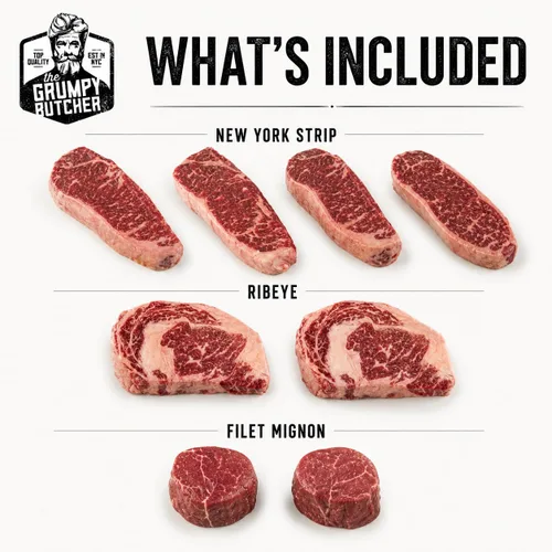 Miniatura 2 de Grumpy Butcher Aged 8 Steak Premium Set – 4 NY Strip, 2 Filet Mignon & 2 Ribeye Steaks – USDA Top Choice Beef Steak con opción de caja de regalo