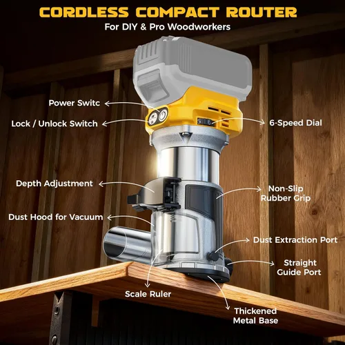 Miniatura 2 de DIYtoolifz Herramienta de enrutador inalámbrico compatible con batería DeWalt de 20 V (solo herramienta), enrutador de madera sin escobillas de 800