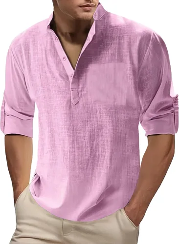 Miniatura 9 de Camisa de lino para hombre, manga larga, Henley, casual, verano, grande, alta, algodón, ligera, para negocios, trabajo, vacaciones, crucero