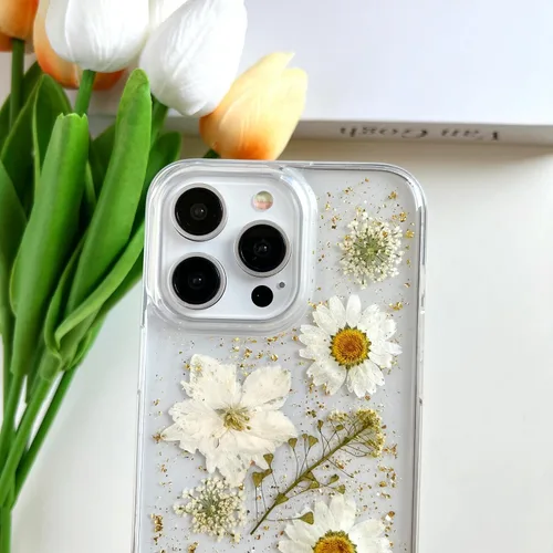 Miniatura 5 de LSEEKA Funda transparente para iPhone 15 Pro Max con diseño de flores reales prensadas, con purpurina, bonito patrón floral blanco, delgada, suave