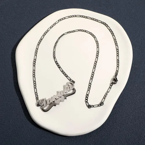 Miniatura 5 de Drawelry Collar con nombre personalizado de dos tonos con placa de oro de 18 quilates, chapado en doble corazón, placa con dije de placa de nombre