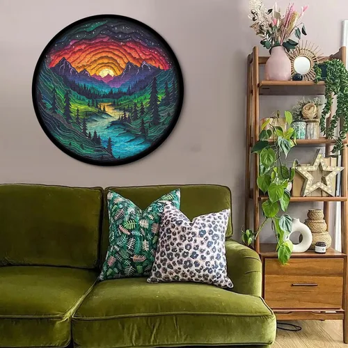 Miniatura 6 de Rompecabezas del Bosque Mágico para Adultos de 1000 Piezas, Rompecabezas de Paisaje de Naturaleza con Árbol Redondo, Montaña, Río y Puesta de Sol