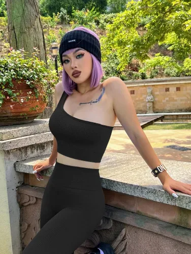 Miniatura 2 de OQQ Conjunto de entrenamiento de 4 piezas para mujer, leggings de cintura alta acanalados para yoga con camiseta corta de 3 piezas con brasier