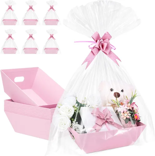 Miniatura 27 de AFOROEOA Paquete de 10 cestas vacías para regalos, cesta de regalo de papel kraft de 10 x 12 pulgadas de grosor con 10 lazos, 10 bolsas vacías