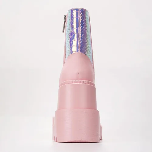 Miniatura 6 de Cape Robbin Botines de plataforma holográficos para mujeres, tacones gruesos en bloque, punta puntiaguda, cuero PU con correa de hebilla