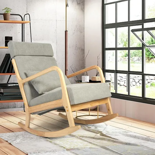 Mecedora deslizante de madera maciza, silla decorativa tapizada con respaldo alto, mecedora para guardería, silla mecedora para sala de estar, Gris