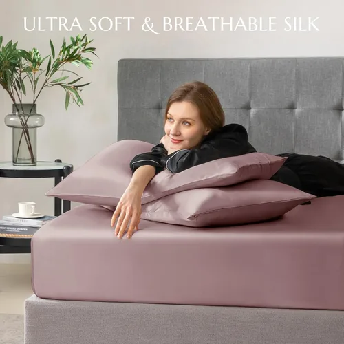 Miniatura 62 de THXSILK Juego de sábanas bajeras de 100% seda de morera, 3 piezas de seda 7A+, transpirable, suave, sábana bajera de 16 pulgadas de profundidad, 2