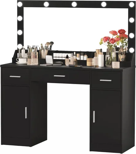 Miniatura 7 de MIRROTOWEL Escritorio de tocador de 47.5 pulgadas con espejo grande, 3 modos de iluminación de color, brillo ajustable, cómoda con 3 cajones y 2