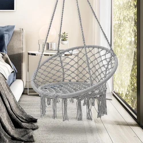 Miniatura 14 de Garpans Juego de 2 sillas tipo hamaca de macramé estilo bohemio con borlas, columpio colgante hecho a mano, cuerda de algodón tejida a mano