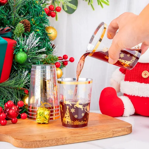 Miniatura 4 de supernal 100 vasos para fiestas navideñas, vasos de plástico dorados con diseño navideño, vasos para fiestas de plástico, vasos desechables, vasos