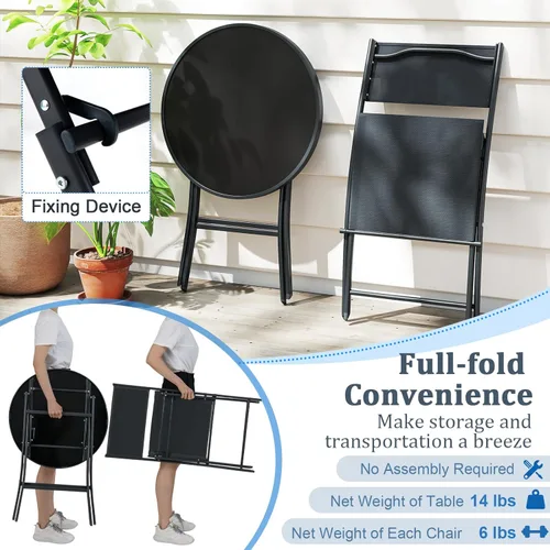 Miniatura 6 de HAPPYGRILL Juego de 3 piezas plegables para patio, juego de conversación al aire libre con mesa auxiliar y 2 sillas de patio, juego de comedor
